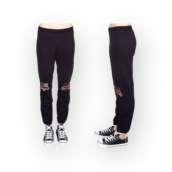 Rare: Lauren Moshi ☻︎ Gia Love Hate Tattoo Style Embroidery Sweatpants ☻︎ Black - Picture 5 of 17